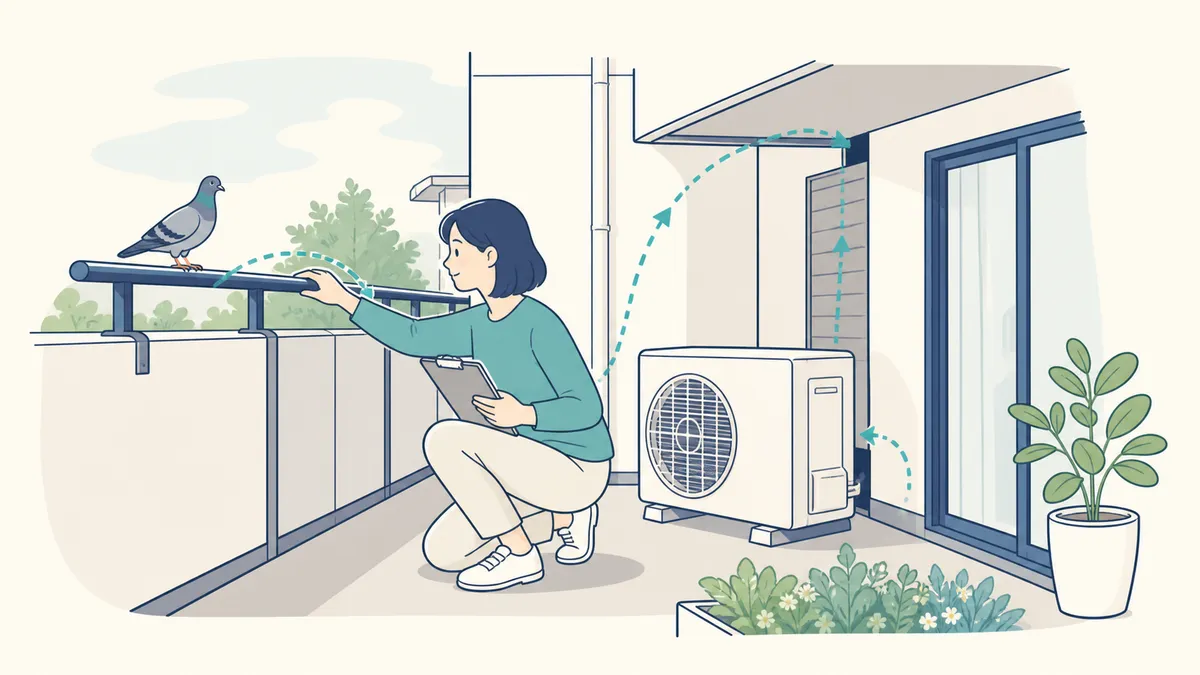 ベランダの手すりや室外機まわりにある鳩の止まり場所と侵入経路を確認する人のイラスト
