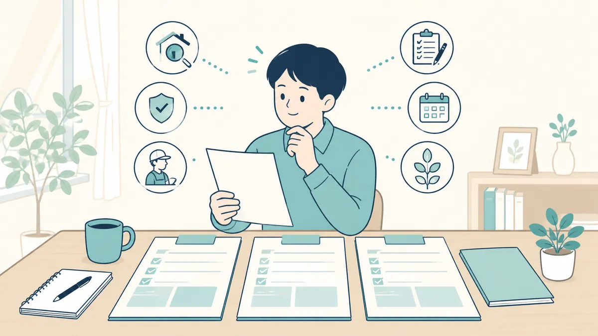 複数業者の提案内容と契約条件をチェック表で比較する人のイラスト