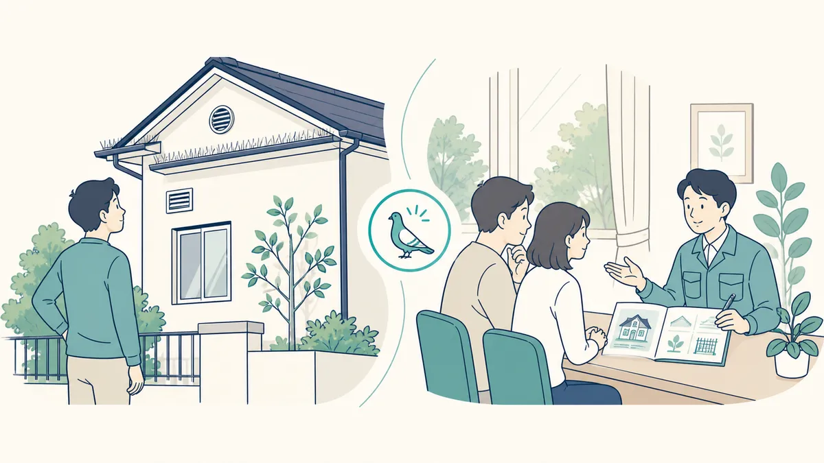 地上でできる安全確認と専門家へ相談する条件を左右で比べる人のイラスト