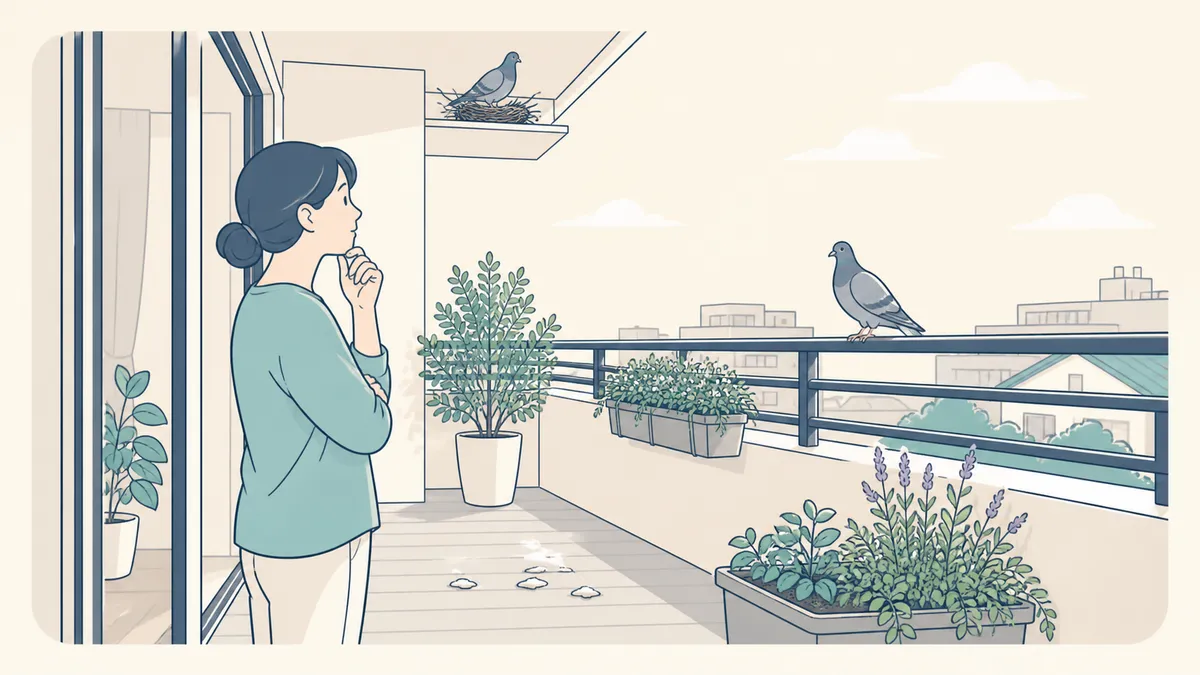 ベランダの鳩の糞に触れず、周囲の止まり場所や巣の手掛かりを確認する人のイラスト