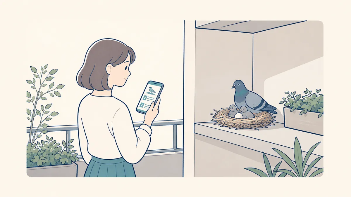 巣の卵とヒナから距離を取り、自治体の案内を端末で調べる人のイラスト