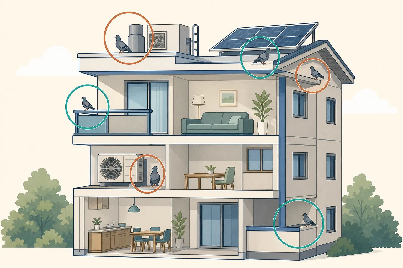 手すり、室外機の隙間、軒下、太陽光パネル、屋上設備、空きベランダを示した建物断面図