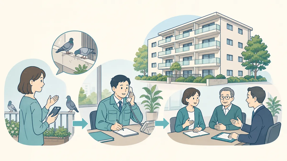 入居者から管理会社と管理組合へ共用部の鳩被害を伝える流れのイラスト