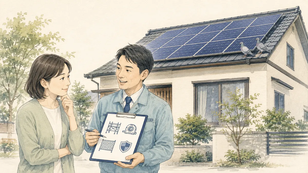 太陽光パネルのある家を背景に、地上で住人と施工会社の担当者が鳩対策の足場や材料、保証を相談するイラスト